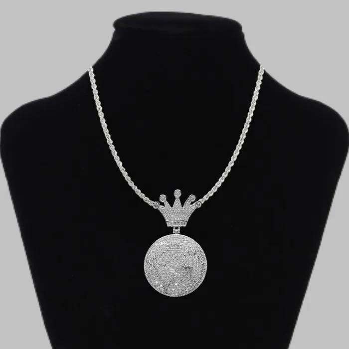 Globe World Crown Bail Iced Out Diamond Pendant Necklace Icey Pyramid Necklaces