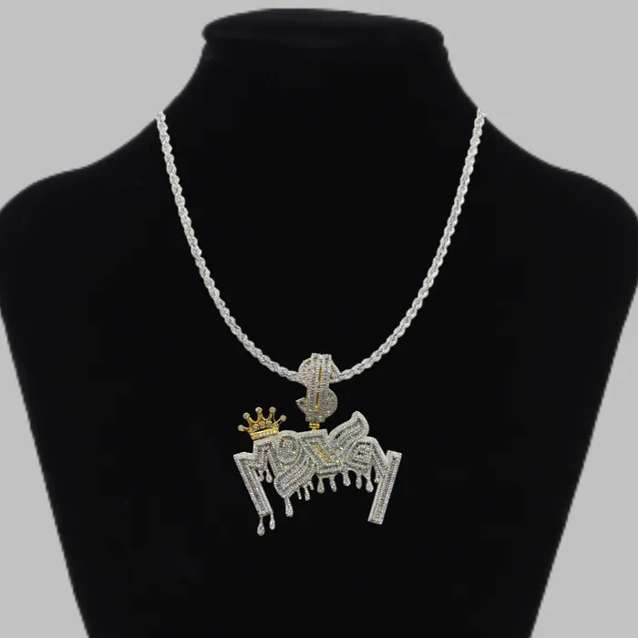 Money with Dollar Bail Iced Out Letter Diamond Pendant Necklace MONEY WITH DOLLAR Necklaces