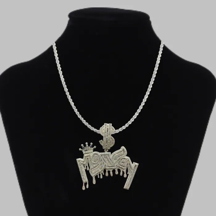 Money with Dollar Bail Iced Out Letter Diamond Pendant Necklace MONEY WITH DOLLAR Necklaces