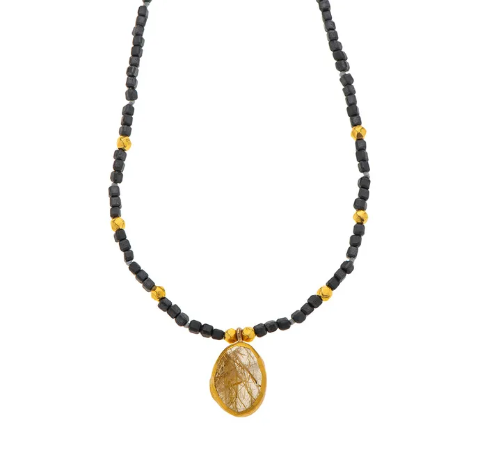 Nava Zahavi Yellow Gold Rutil and Obsidian Necklace Nava Zahavi Necklaces