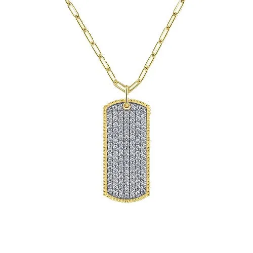 Necklaces 14K Yellow Gold Diamond Pave Dog Tag Pendant Hollow Chain Necklace GABRIEL CO Necklaces 14K Yellow Gold Diamond Pave Dog Tag Pendant Hollow Chain Necklace GABRIEL CO