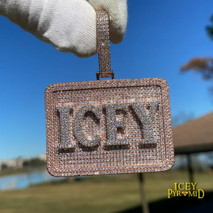 Necklaces BADGE Your Initial or Name on Rectangle Diamond Iced Out Personalized Custom Necklace Pendant