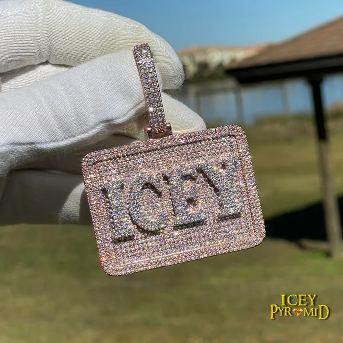 Necklaces BADGE Your Initial or Name on Rectangle Diamond Iced Out Personalized Custom Necklace Pendant