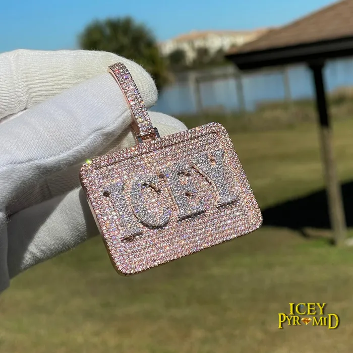 Necklaces BADGE Your Initial or Name on Rectangle Diamond Iced Out Personalized Custom Necklace Pendant