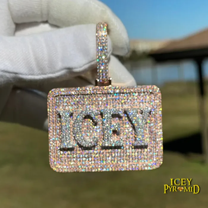 Necklaces BADGE Your Initial or Name on Rectangle Diamond Iced Out Personalized Custom Necklace Pendant