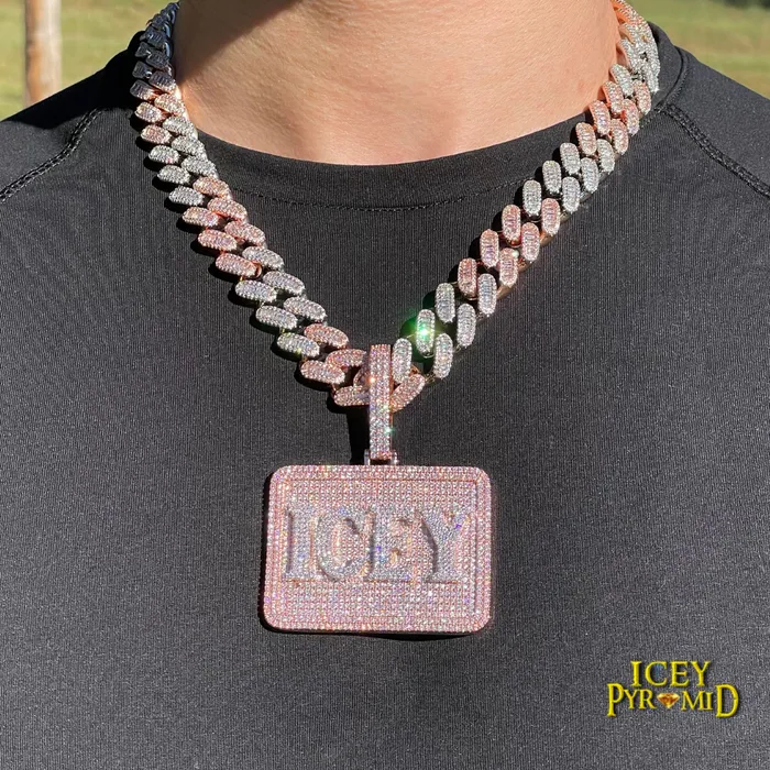 Necklaces BADGE Your Initial or Name on Rectangle Diamond Iced Out Personalized Custom Necklace Pendant