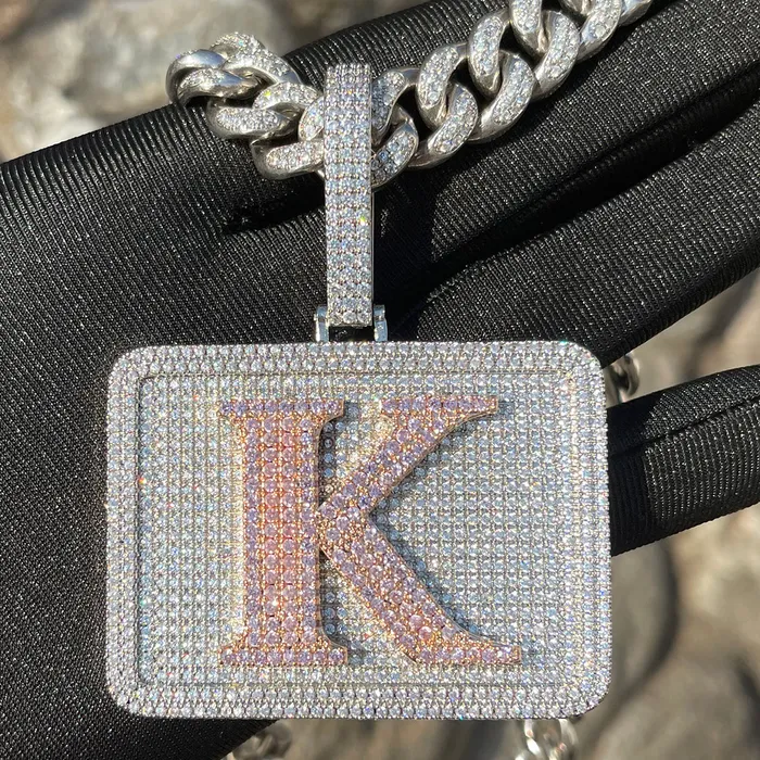 Necklaces BADGE Your Initial or Name on Rectangle Diamond Iced Out Personalized Custom Necklace Pendant