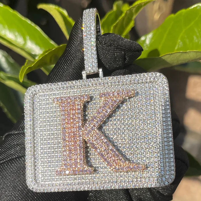 Necklaces BADGE Your Initial or Name on Rectangle Diamond Iced Out Personalized Custom Necklace Pendant
