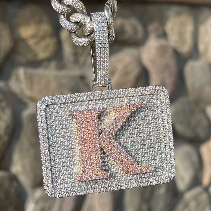 Necklaces BADGE Your Initial or Name on Rectangle Diamond Iced Out Personalized Custom Necklace Pendant