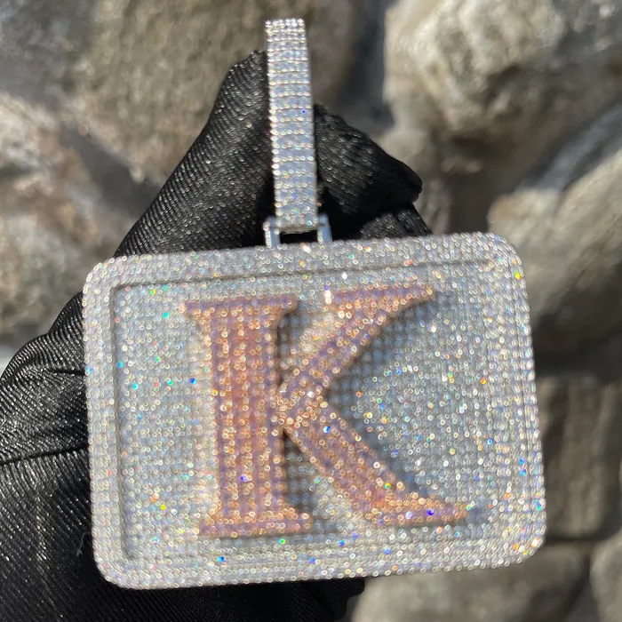Necklaces BADGE Your Initial or Name on Rectangle Diamond Iced Out Personalized Custom Necklace Pendant