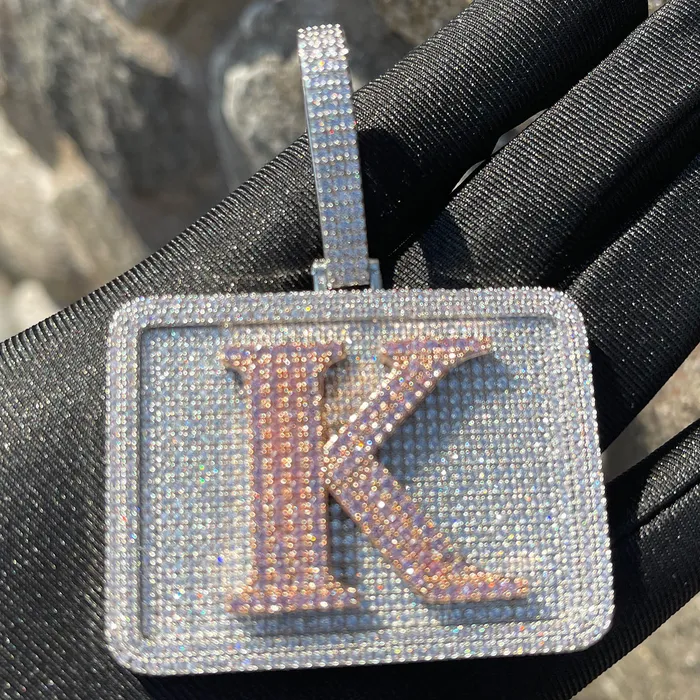 Necklaces BADGE Your Initial or Name on Rectangle Diamond Iced Out Personalized Custom Necklace Pendant