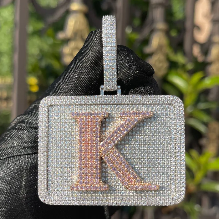 Necklaces BADGE Your Initial or Name on Rectangle Diamond Iced Out Personalized Custom Necklace Pendant