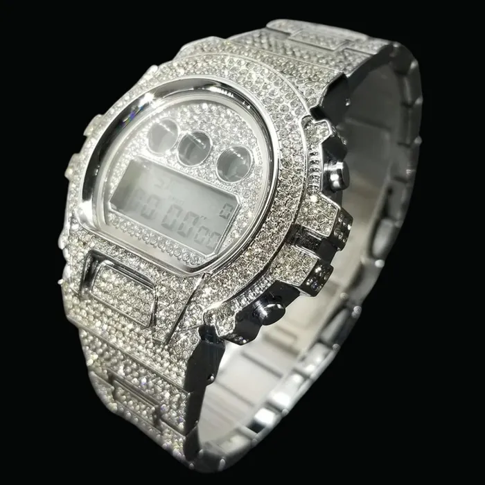 Watches DIGITAL Digital Led Waterproof Chronograph Iced Out Diamond Watch