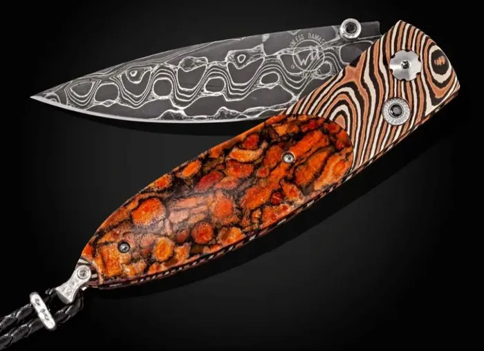 WILLIAM HENRY LLC Necklaces Pocketknife with Mokume Gane Apple Coral and damascus blade WILLIAM HENRY LLC Necklaces Pocketknife with Mokume Gane Apple Coral and damascus blade